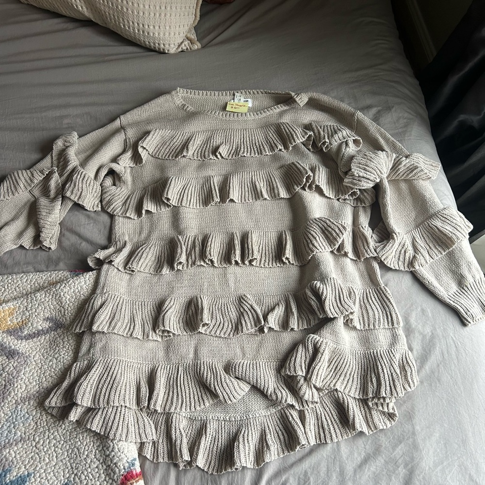 Free People Ruffled Cream Sweatshirt